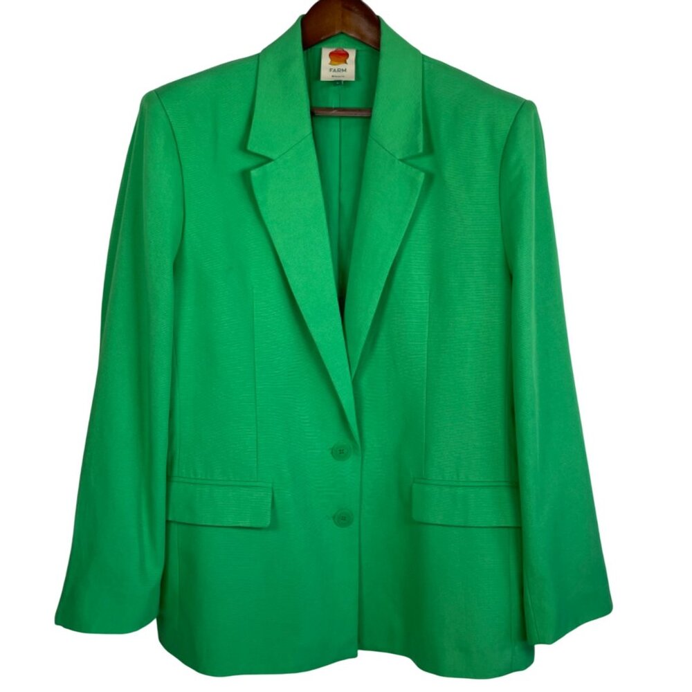 FARM Rio Bright Green Longline Oversized Blazer Notch Lapels Lyocell Cotton L